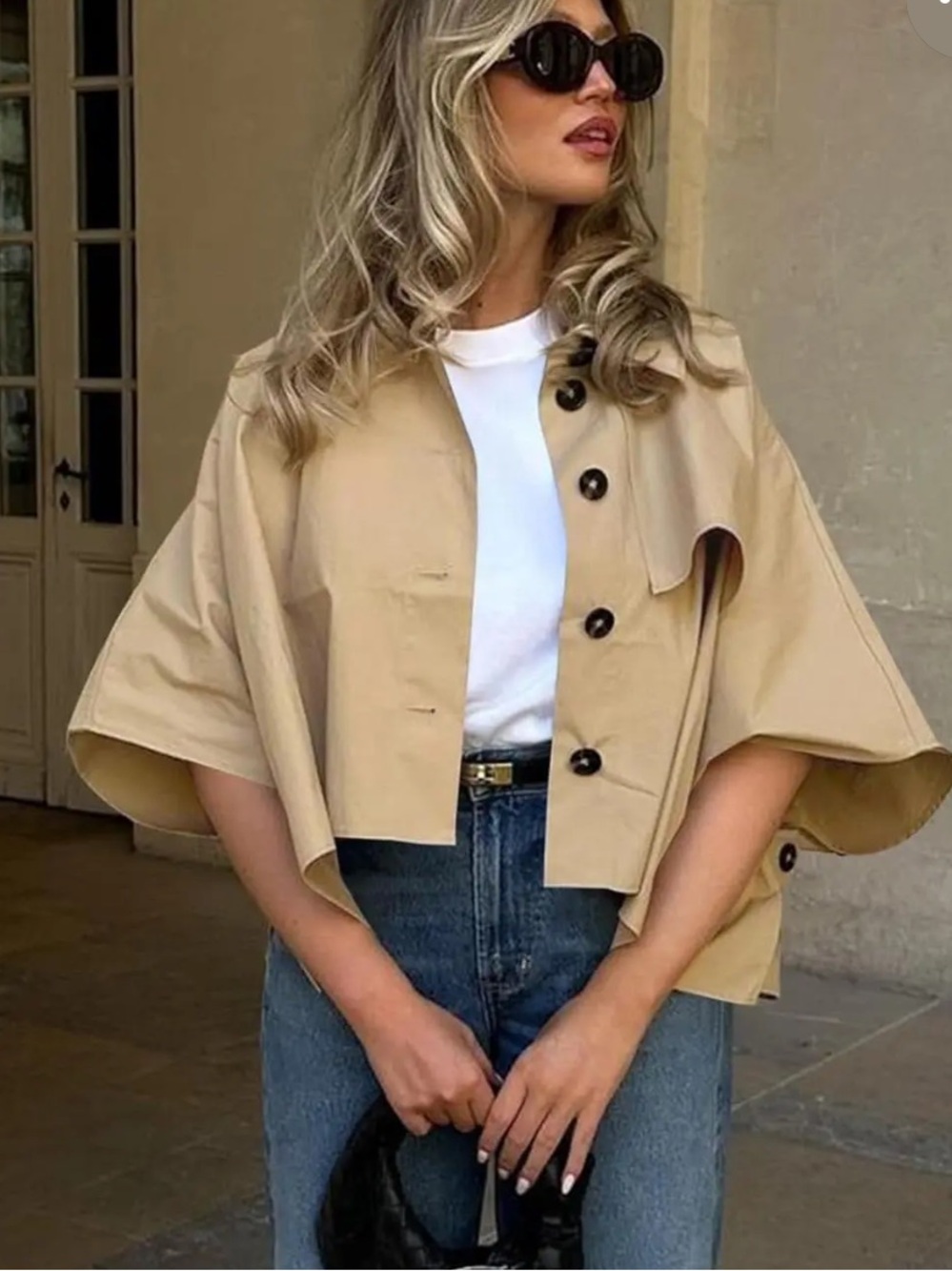 Theory Cropped Trench Coat Capelet Cape Jacket size 4 Tan Beige Cream